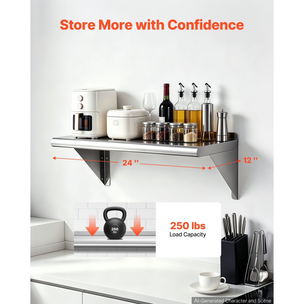 VEVOR Stainless Steel Shelf 12" x 24" Commercial Wall Mount Floating Shelf, Heavy-Duty Storage Rack with Brackets, 250LBS Strong Capacity, Easy to Clean, Suitable for Restaurant, Home Kitchen, Garage