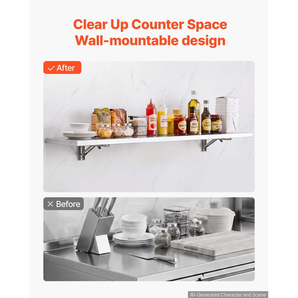 VEVOR Stainless Steel Shelf 12" x 72" Foldable Wall Mount Floating Shelf, Heavy-Duty Commercial Shelves with Brackets, 300LBS Capacity, Easy to Clean, Suitable for Restaurant, Home Kitchen, Garage