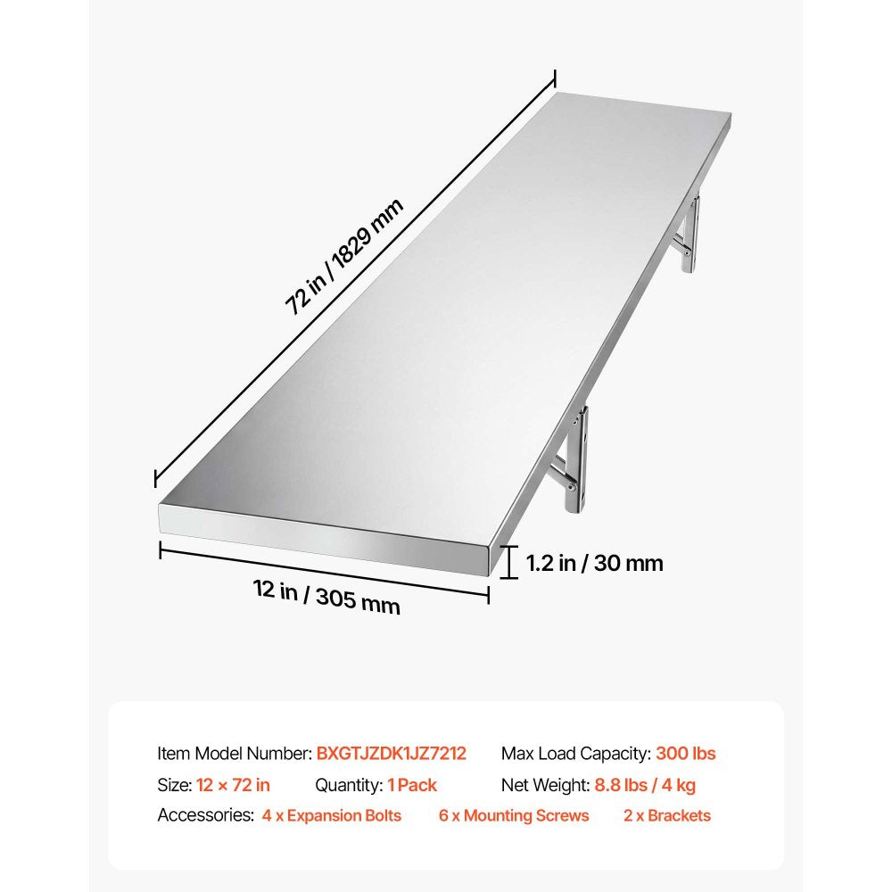 VEVOR Stainless Steel Shelf 12" x 72" Foldable Wall Mount Floating Shelf, Heavy-Duty Commercial Shelves with Brackets, 300LBS Capacity, Easy to Clean, Suitable for Restaurant, Home Kitchen, Garage