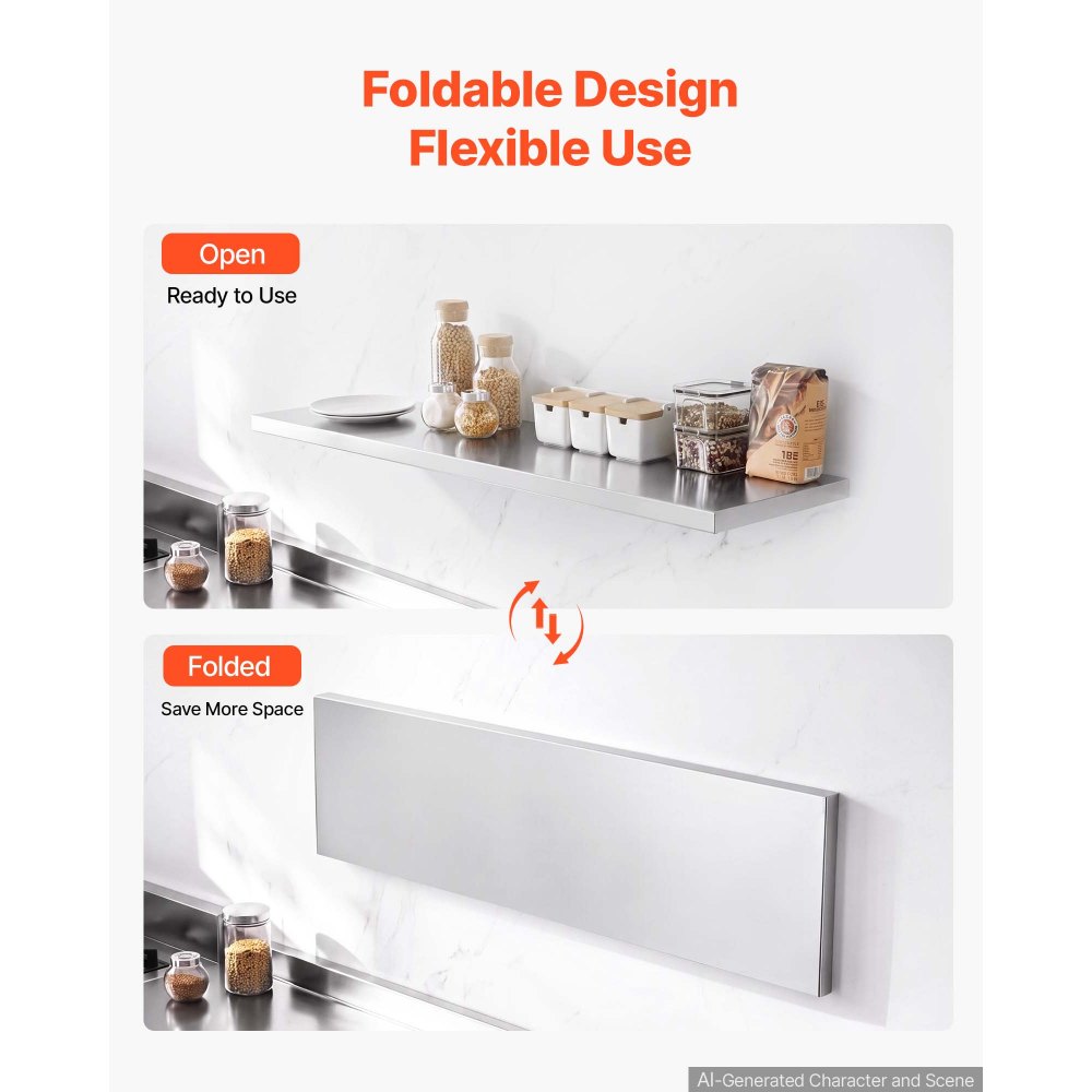 VEVOR Stainless Steel Shelf 12" x 48" Foldable Wall Mount Floating Shelf, Heavy-Duty Commercial Shelves with Brackets, 300LBS Capacity, Easy to Clean, Suitable for Restaurant, Home Kitchen, Garage
