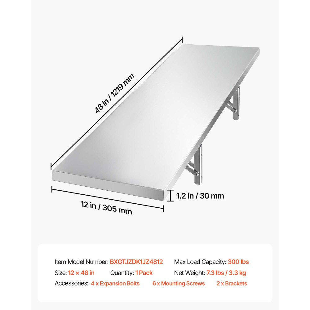 VEVOR Stainless Steel Shelf 12" x 48" Foldable Wall Mount Floating Shelf, Heavy-Duty Commercial Shelves with Brackets, 300LBS Capacity, Easy to Clean, Suitable for Restaurant, Home Kitchen, Garage