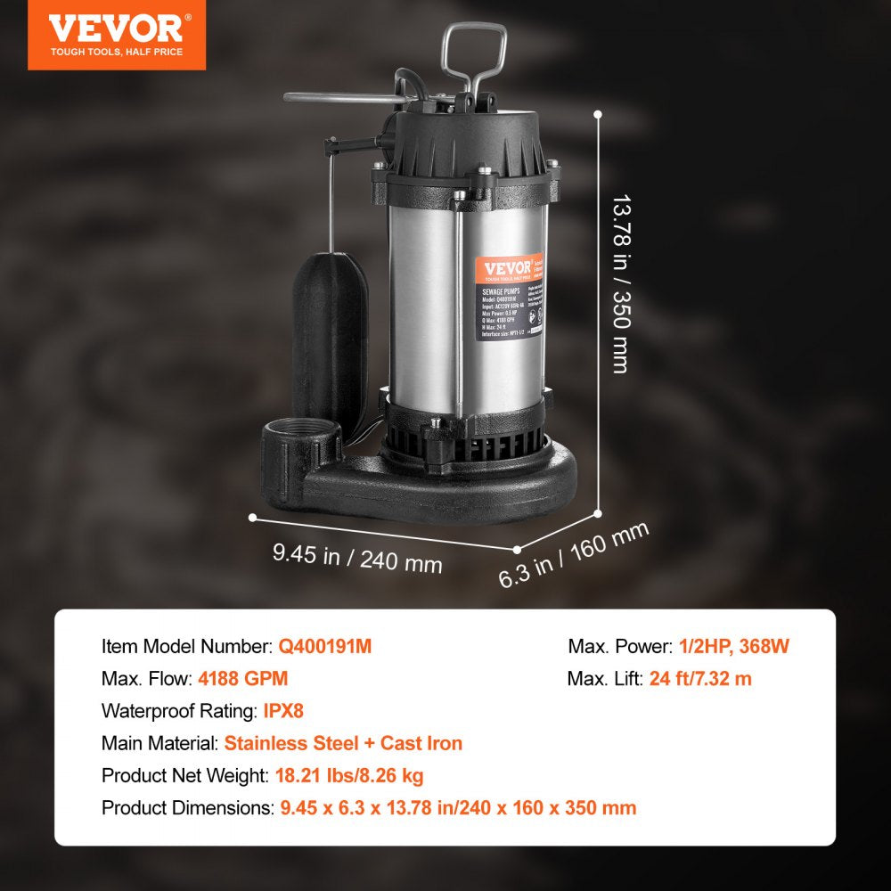 VEVOR Submersible Sewage Pump, 0.5HP 4188GPH, Cast Iron Sewage Water Pump with 24 ft Lift 10 ft Power Cord and Automatic Float Switch, Stainless Steel for Clean Flooded Basement Yard Farm Sewer