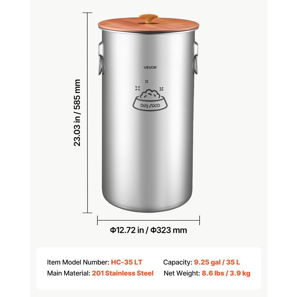 VEVOR Stainless Steel Dog Food Storage Container 30 lbs/9.25 Gal Capacity, for Living Room Kitchen, Airtight Lid & Dual Handles, 35L Large Metal for Dogs & Cats Food Rice Flour, Keep Fresh, Easy Clean
