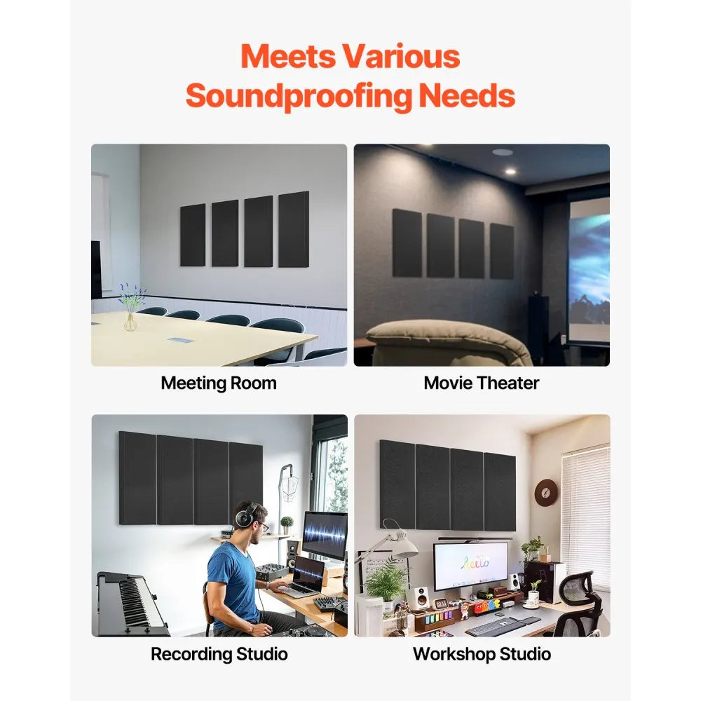 VEVOR 4 PCS Acoustic Panels, 2 inch Thick 23.6 x 11.8 inch Fiberglass Sound Absorbing Panels, Self-adhesive Soundproof Wall Boards, for Studios, Office, Home Theater,Meeting Room, Black