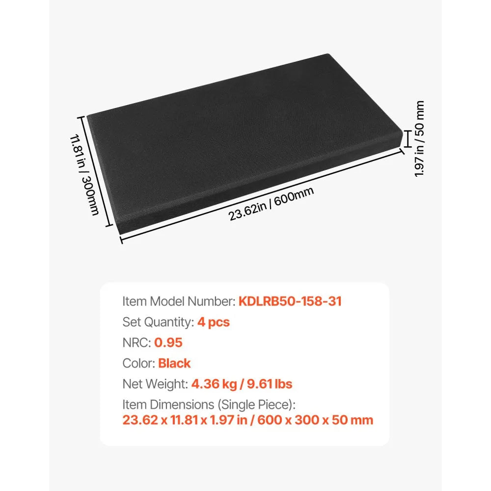 VEVOR 4 PCS Acoustic Panels, 2 inch Thick 23.6 x 11.8 inch Fiberglass Sound Absorbing Panels, Self-adhesive Soundproof Wall Boards, for Studios, Office, Home Theater,Meeting Room, Black
