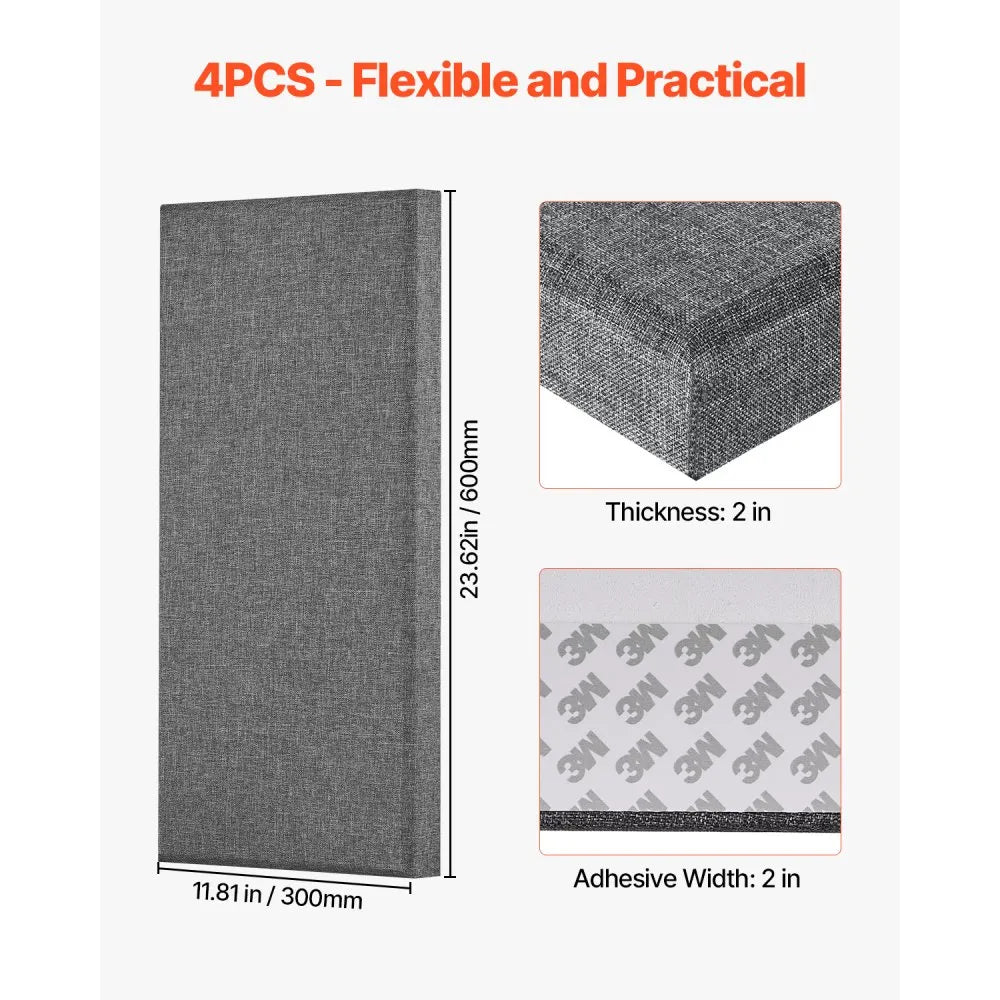 VEVOR 4 PCS Acoustic Panels, 2 inch Thick 23.6 x 11.8 inch Fiberglass Sound Absorbing Panels, Self-adhesive Soundproof Wall Boards, for Studios, Office, Home Theater,Meeting Room, Gray