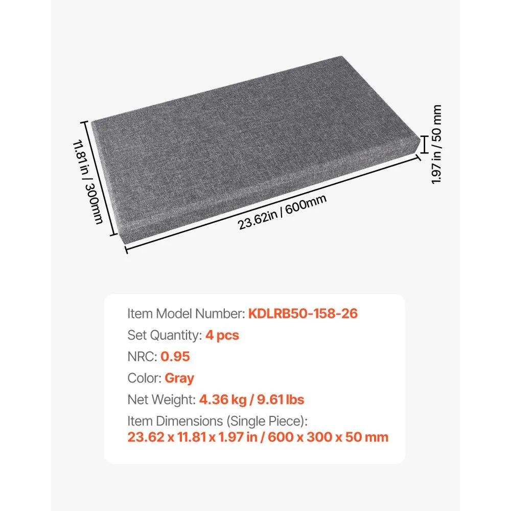 VEVOR 4 PCS Acoustic Panels, 2 inch Thick 23.6 x 11.8 inch Fiberglass Sound Absorbing Panels, Self-adhesive Soundproof Wall Boards, for Studios, Office, Home Theater,Meeting Room, Gray