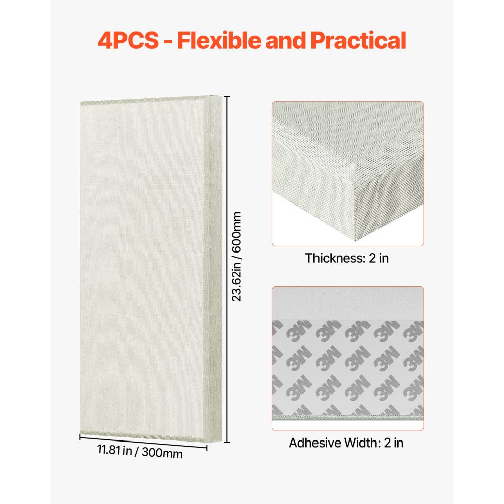 VEVOR 4 PCS Acoustic Panels, 2 inch Thick 23.6 x 11.8 inch Fiberglass Sound Absorbing Panels, Self-adhesive Soundproof Wall Boards, for Studios, Office, Home Theater,Meeting Room, Beige