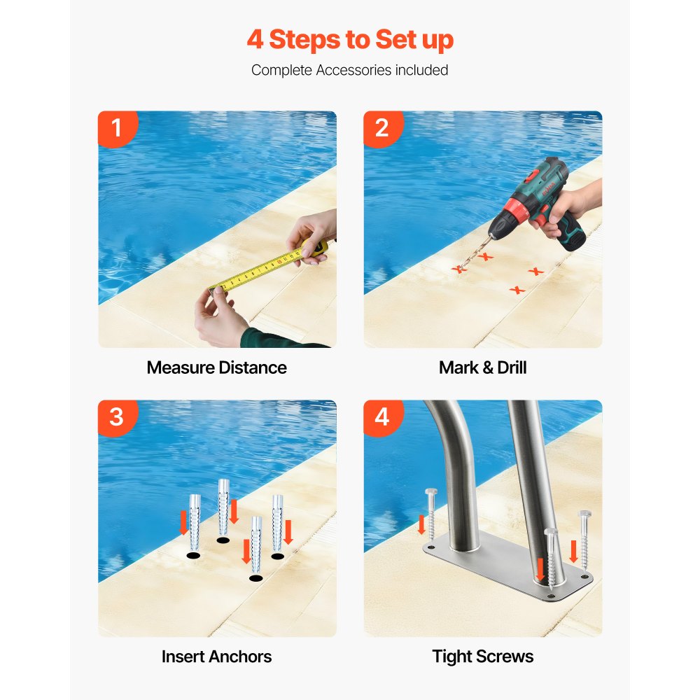VEVOR Pool Rail, 31 x 22 inch Pool Handrail, 220 lbs Load Capacity Heavy Duty 304 Stainless Steel Swimming Handrail, Detachable Nonslip Sleeve, Rich Accessories, for Poolside, Water Parks， Spa Centers