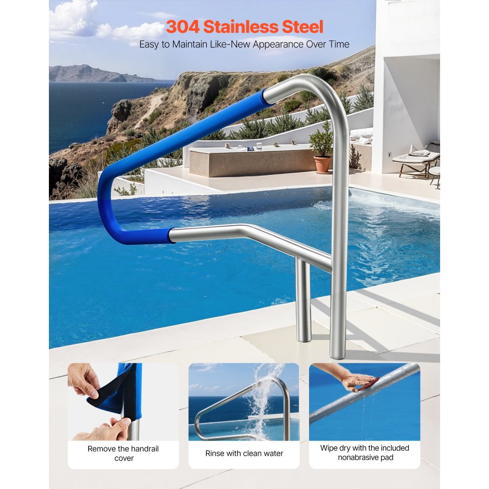 VEVOR Pool Rail, 54 x 32 inch Pool Handrail, 220 lbs Load Capacity Heavy Duty 304 Stainless Steel Swimming Handrail, Detachable Nonslip Sleeve, Recessed or Base Mount, for Poolside, Water Parks