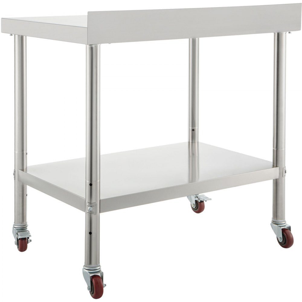VEVOR Stainless Steel Prep Table, 30 x 24 x 35 Inch, 440lbs Load Capacity Heavy Duty Metal Worktable with Backsplash Adjustable Undershelf & 4 Casters, Commercial Workstation for Kitchen Restaurant