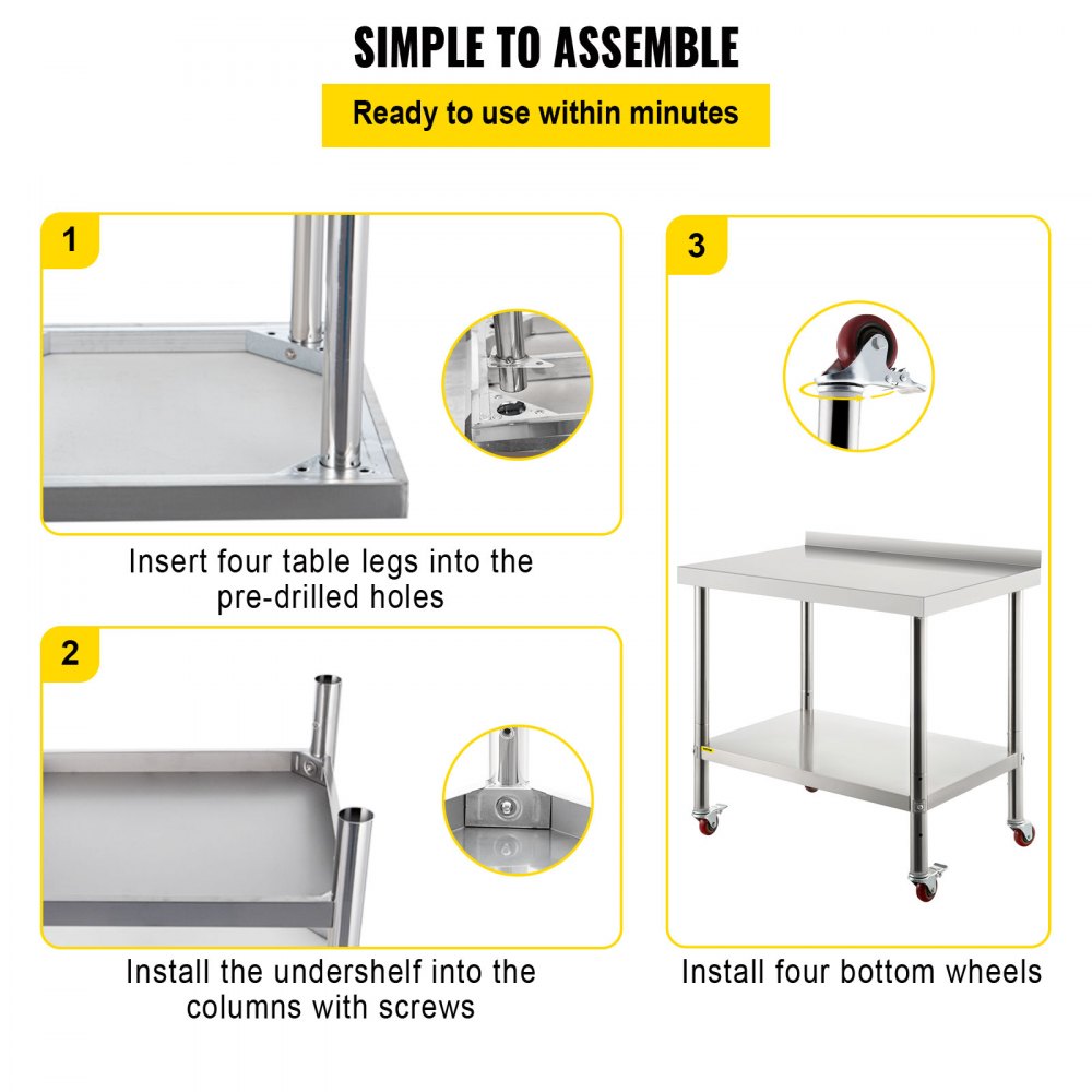 VEVOR Stainless Steel Prep Table, 36 x 24 x 35 Inch, 440lbs Load Capacity Heavy Duty Metal Worktable with Backsplash Adjustable Undershelf & 4 Casters, Commercial Workstation for Kitchen Restaurant