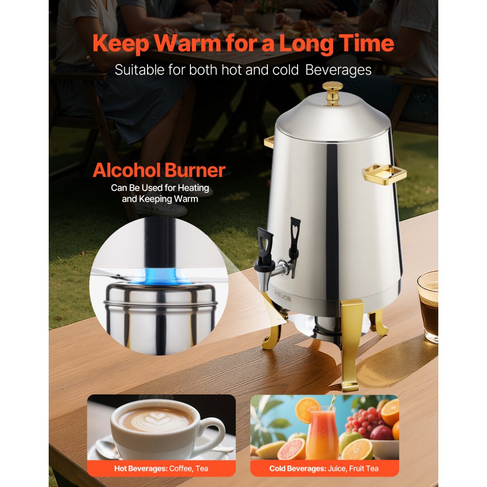 VEVOR Stainless Steel Beverage Dispenser, 3.4 Gallon Drink Dispenser  with Alcohol Burner, Hot & Cold Drink Dispensers with Spigot for Coffee Tea Hot Water, Ideal for Restaurants, Hotels, Parties
