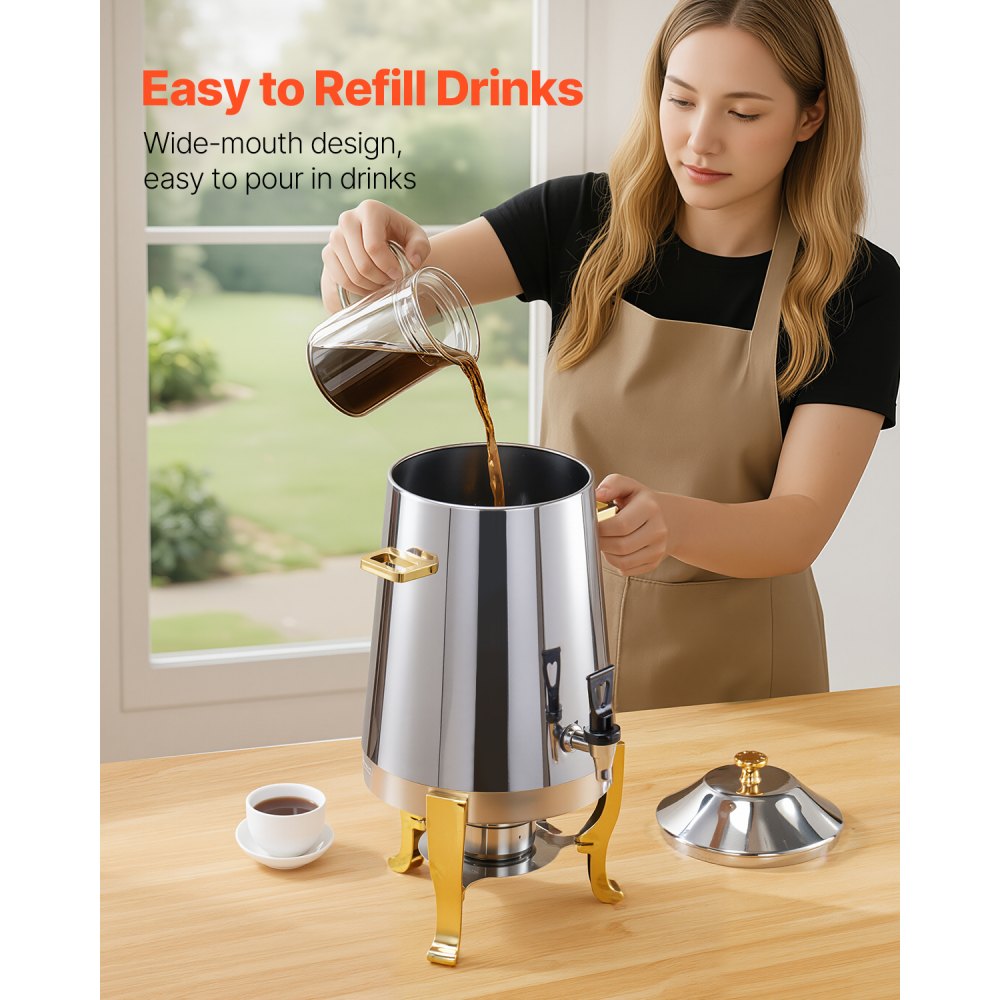 VEVOR Stainless Steel Beverage Dispenser, 3.4 Gallon Drink Dispenser  with Alcohol Burner, Hot & Cold Drink Dispensers with Spigot for Coffee Tea Hot Water, Ideal for Restaurants, Hotels, Parties