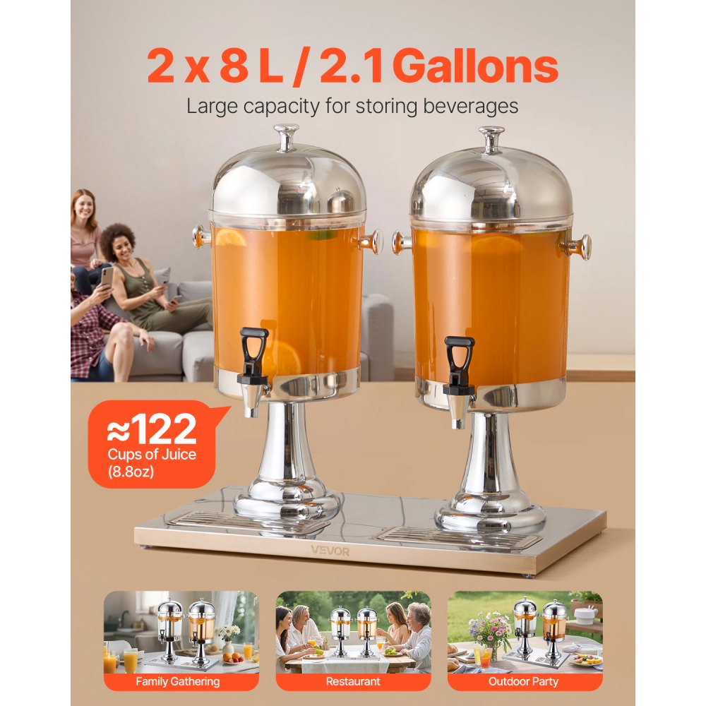 VEVOR Beverage Dispenser, 2.1 Gallon x 2 Drink Dispenser for Parties, Stainless Steel + Plastic Juice Dispensers with Spigot Ice Chamber Tray, Iced Tea Lemonade Dispensers, for Restaurants, Hotels