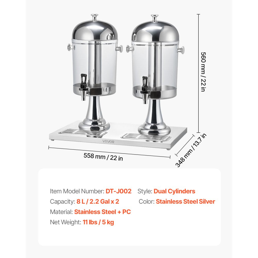 VEVOR Beverage Dispenser, 2.1 Gallon x 2 Drink Dispenser for Parties, Stainless Steel + Plastic Juice Dispensers with Spigot Ice Chamber Tray, Iced Tea Lemonade Dispensers, for Restaurants, Hotels