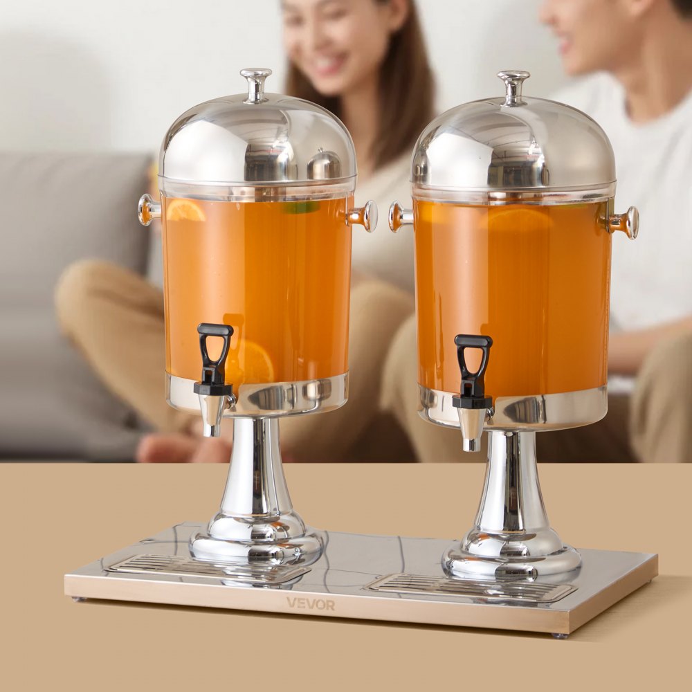 VEVOR Beverage Dispenser, 2.1 Gallon x 2 Drink Dispenser for Parties, Stainless Steel + Plastic Juice Dispensers with Spigot Ice Chamber Tray, Iced Tea Lemonade Dispensers, for Restaurants, Hotels