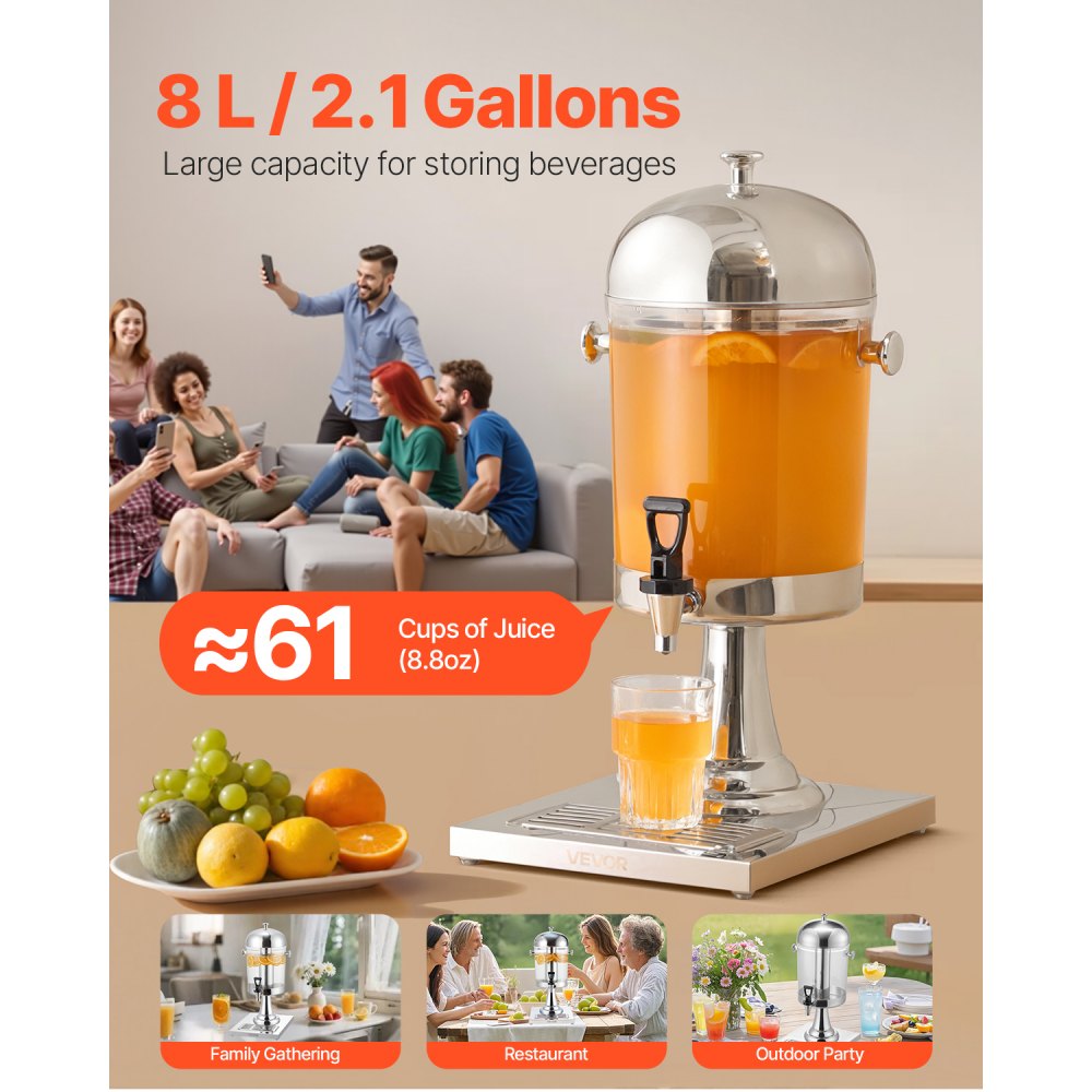 VEVOR Beverage Dispenser, 2.1 Gallon Drink Dispenser for Parties, Stainless Steel + Plastic Juice Dispensers with Spigot Ice Chamber Tray, Iced Tea Lemonade Juice Dispensers, for Restaurants, Hotels