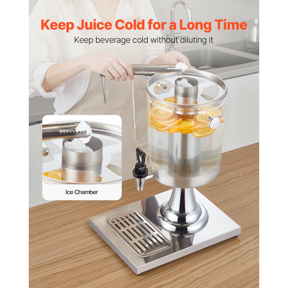 VEVOR Beverage Dispenser, 2.1 Gallon Drink Dispenser for Parties, Stainless Steel + Plastic Juice Dispensers with Spigot Ice Chamber Tray, Iced Tea Lemonade Juice Dispensers, for Restaurants, Hotels