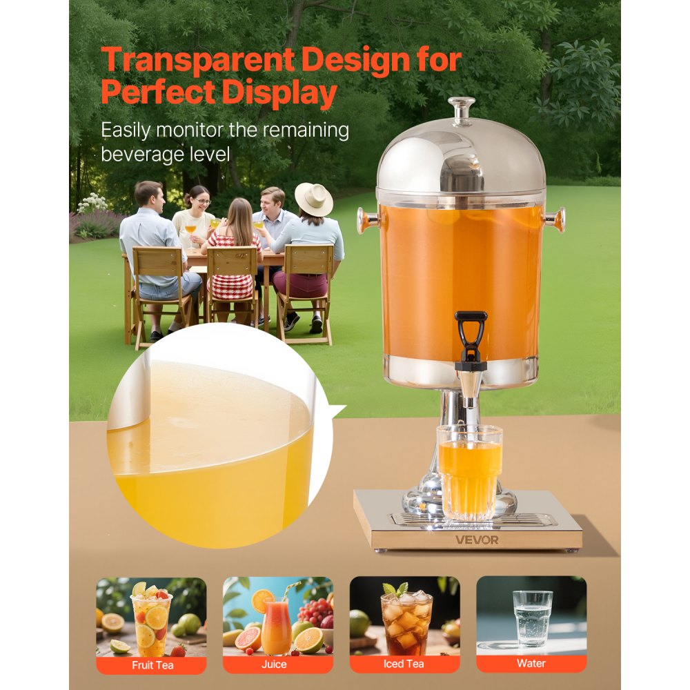 VEVOR Beverage Dispenser, 2.1 Gallon Drink Dispenser for Parties, Stainless Steel + Plastic Juice Dispensers with Spigot Ice Chamber Tray, Iced Tea Lemonade Juice Dispensers, for Restaurants, Hotels