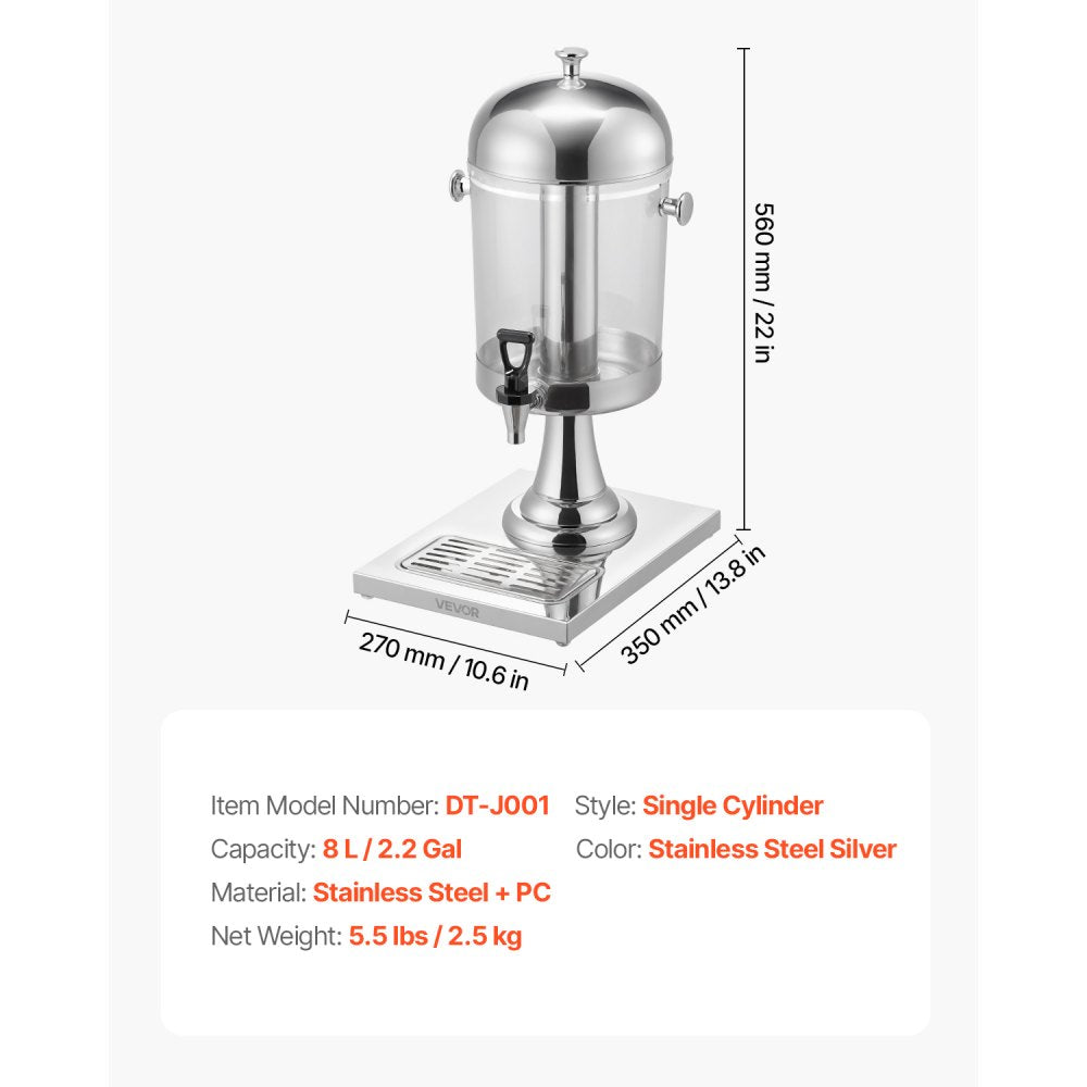 VEVOR Beverage Dispenser, 2.1 Gallon Drink Dispenser for Parties, Stainless Steel + Plastic Juice Dispensers with Spigot Ice Chamber Tray, Iced Tea Lemonade Juice Dispensers, for Restaurants, Hotels