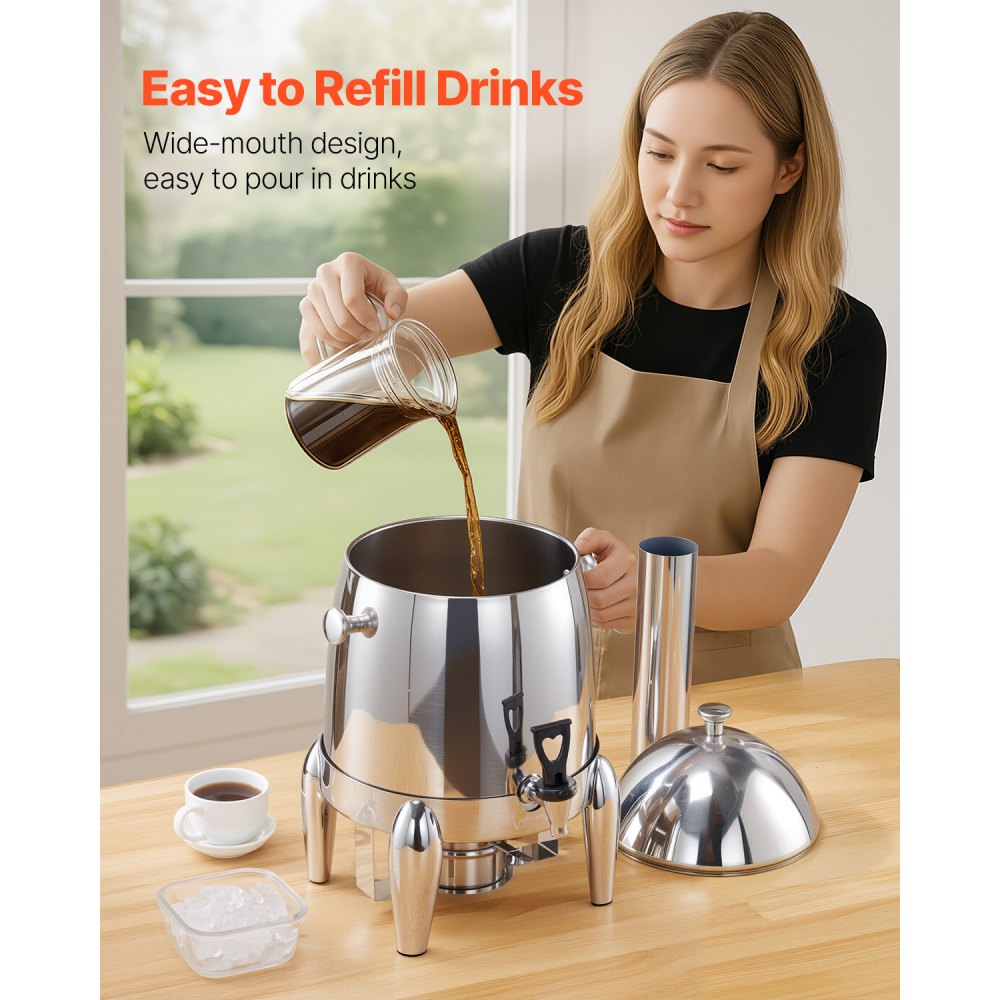 VEVOR Stainless Steel Beverage Dispenser, 2.7 Gallon Drink Dispenser  with Alcohol Burner, Hot & Cold Drink Dispensers for Coffee Tea Hot Water, with Spigot Ice Tube, for Restaurants, Hotels, Parties