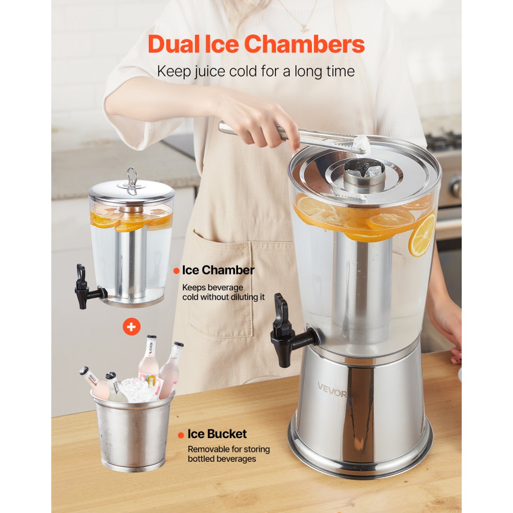 VEVOR Beverage Dispenser, 2.1 Gallon Drink Dispenser for Parties, Stainless Steel + Plastic Juice Dispensers with Spigot Ice Chamber, Iced Tea Lemonade Juice Water Dispensers, for Restaurants, Hotels