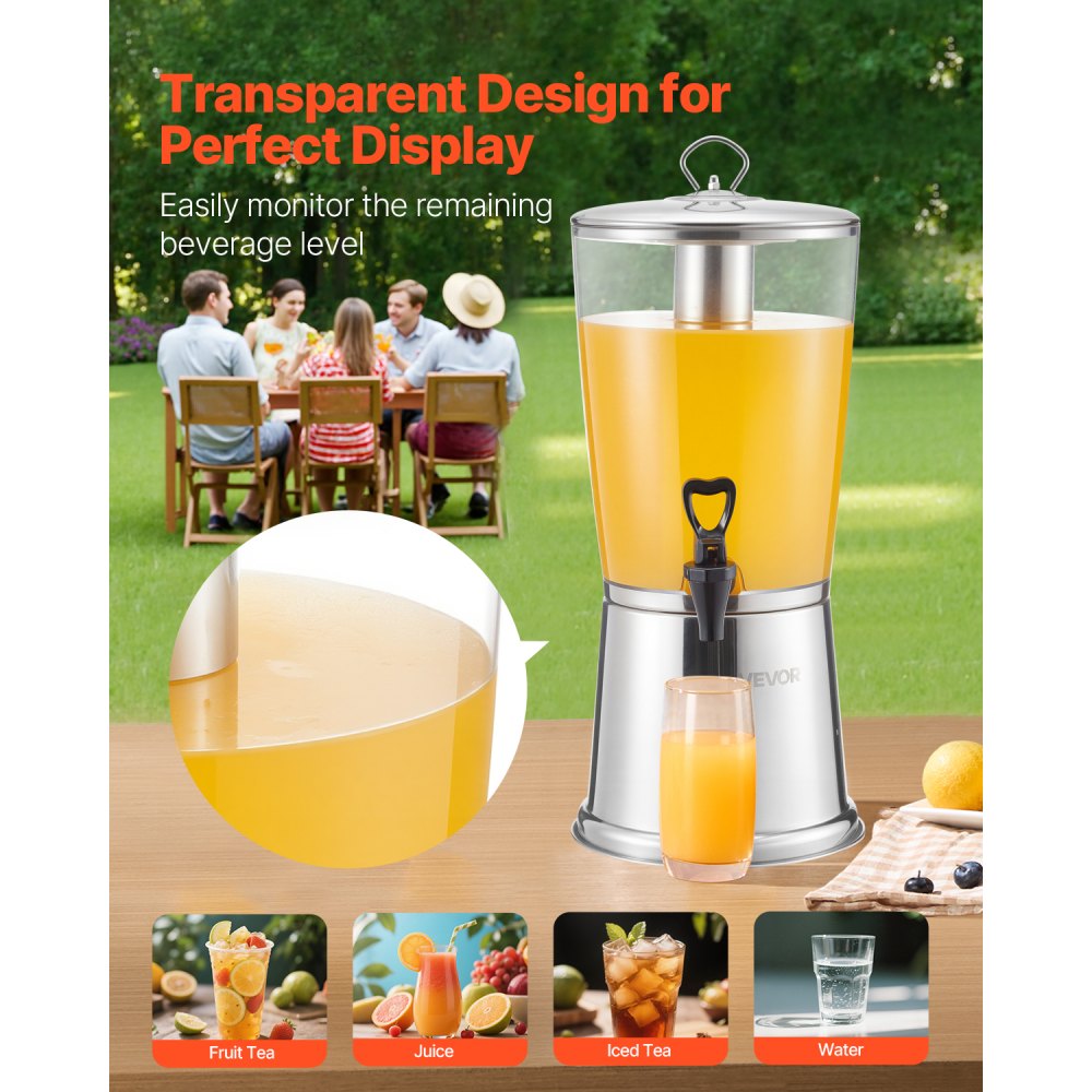 VEVOR Beverage Dispenser, 2.1 Gallon Drink Dispenser for Parties, Stainless Steel + Plastic Juice Dispensers with Spigot Ice Chamber, Iced Tea Lemonade Juice Water Dispensers, for Restaurants, Hotels