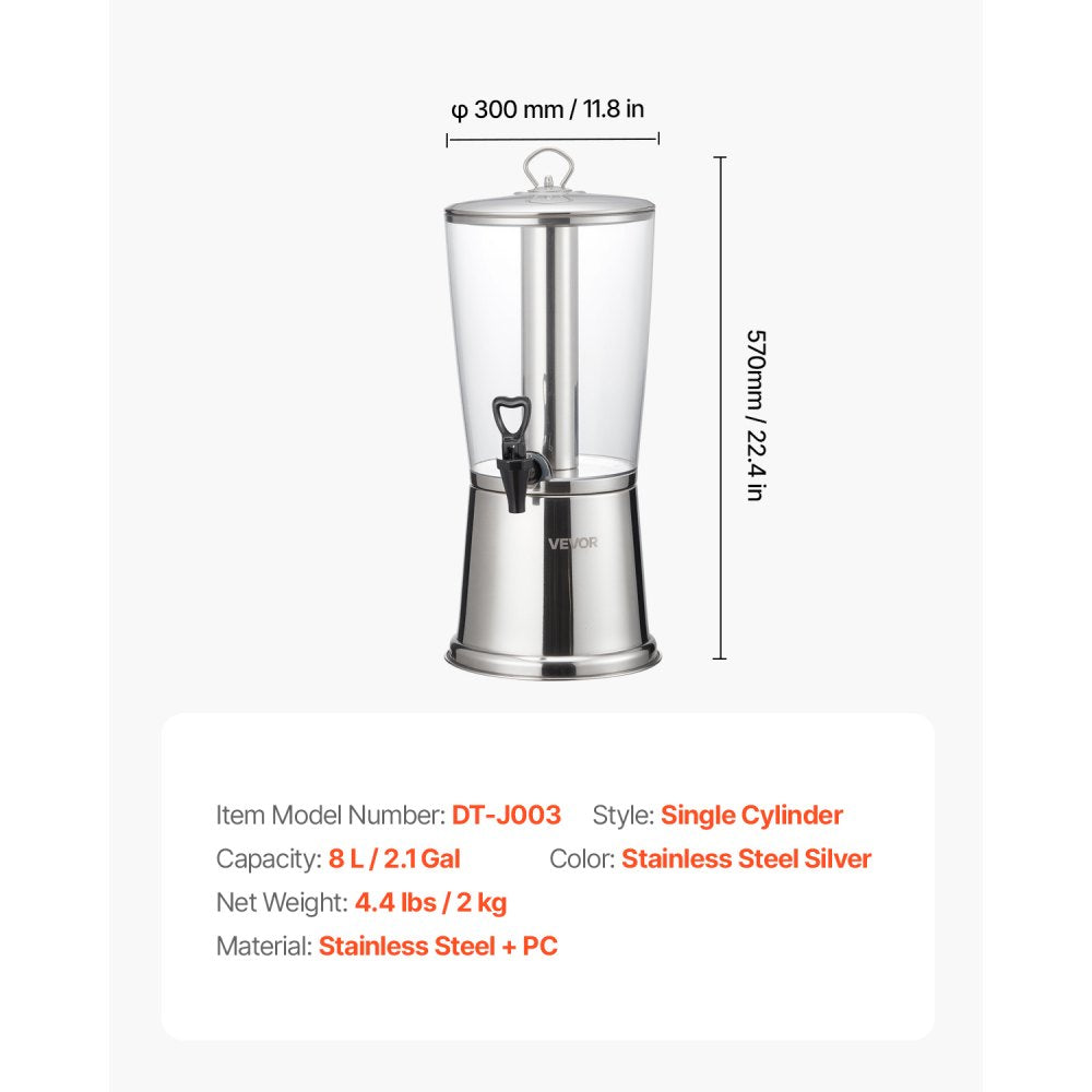 VEVOR Beverage Dispenser, 2.1 Gallon Drink Dispenser for Parties, Stainless Steel + Plastic Juice Dispensers with Spigot Ice Chamber, Iced Tea Lemonade Juice Water Dispensers, for Restaurants, Hotels
