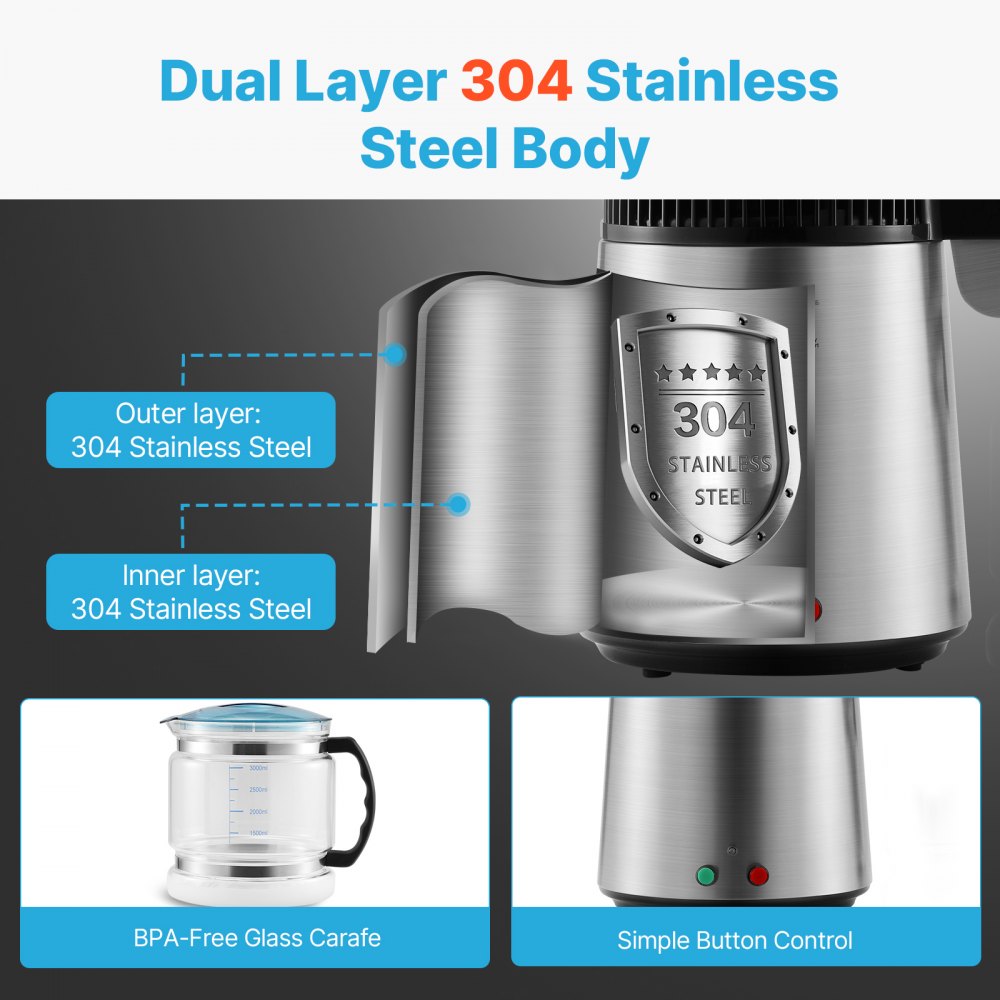VEVOR Water Distiller, 4L 1.05 Gallon Pure Water Purifier Filter For Home Countertop, 750W Distilled Water Maker, Stainless Steel Interior Distiller Water Making Machine to Make Clean Water, Silvery
