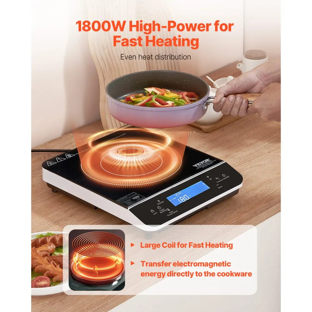 VEVOR Portable Induction Cooktop, 1800W Electric Induction Burner with 9 Temperature Settings, Countertop Induction Hot Plate with 4H Timer, 24H Reservation, Child Lock, Easy to Clean, for Cooking