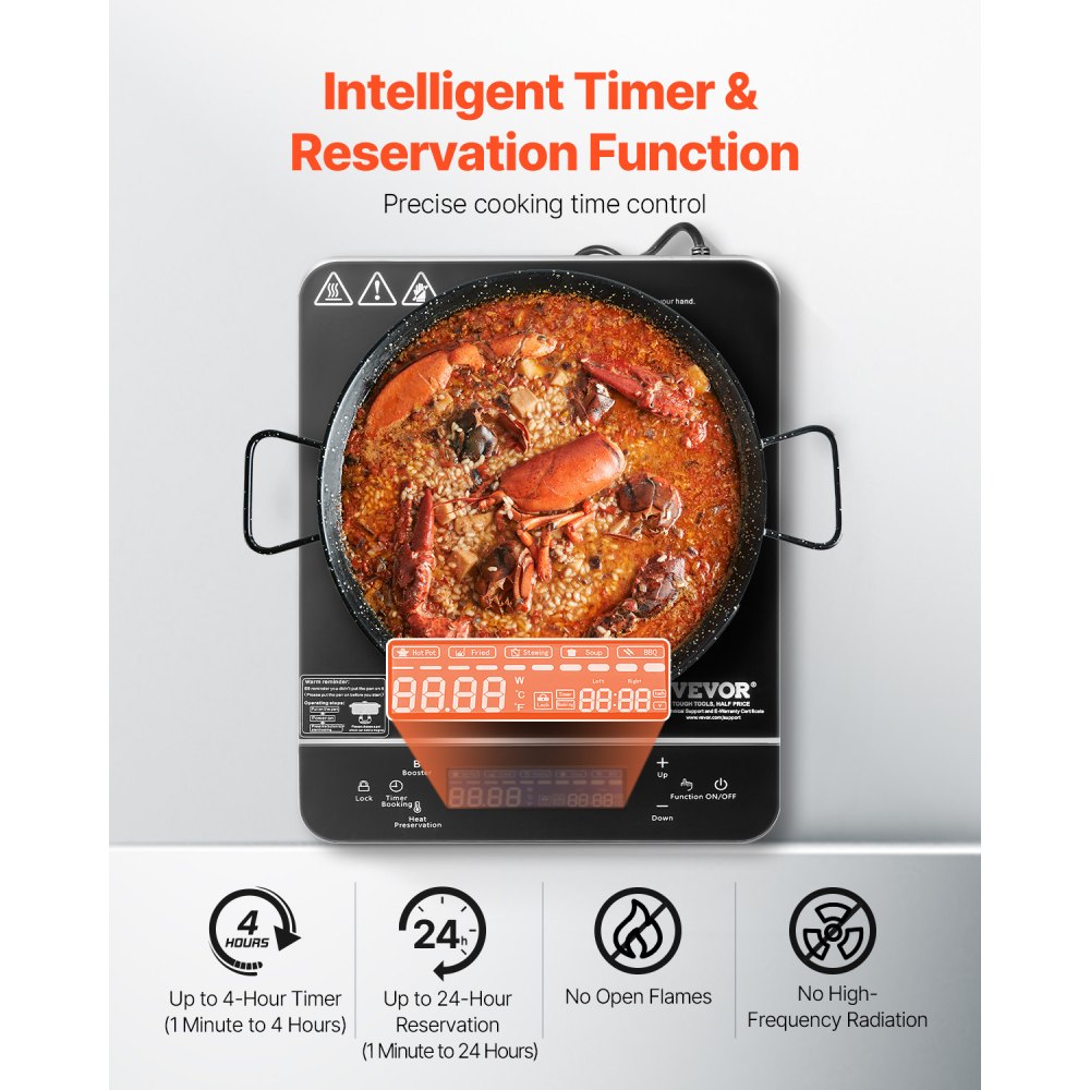 VEVOR Portable Induction Cooktop, 1800W Electric Induction Burner with 9 Temperature Settings, Countertop Induction Hot Plate with 4H Timer, 24H Reservation, Child Lock, Easy to Clean, for Cooking