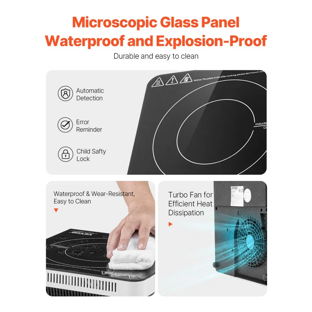 VEVOR Portable Induction Cooktop, 1800W Electric Induction Burner with 9 Temperature Settings, Countertop Induction Hot Plate with 4H Timer, 24H Reservation, Child Lock, Easy to Clean, for Cooking
