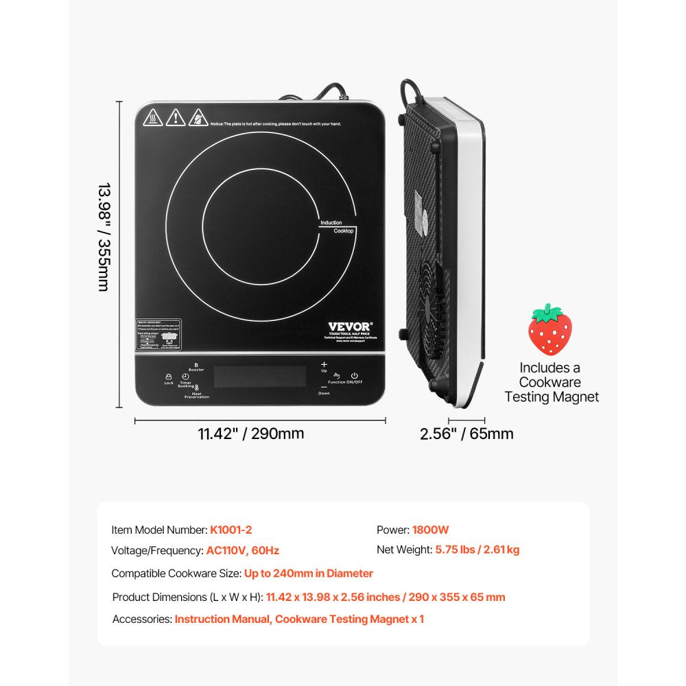 VEVOR Portable Induction Cooktop, 1800W Electric Induction Burner with 9 Temperature Settings, Countertop Induction Hot Plate with 4H Timer, 24H Reservation, Child Lock, Easy to Clean, for Cooking