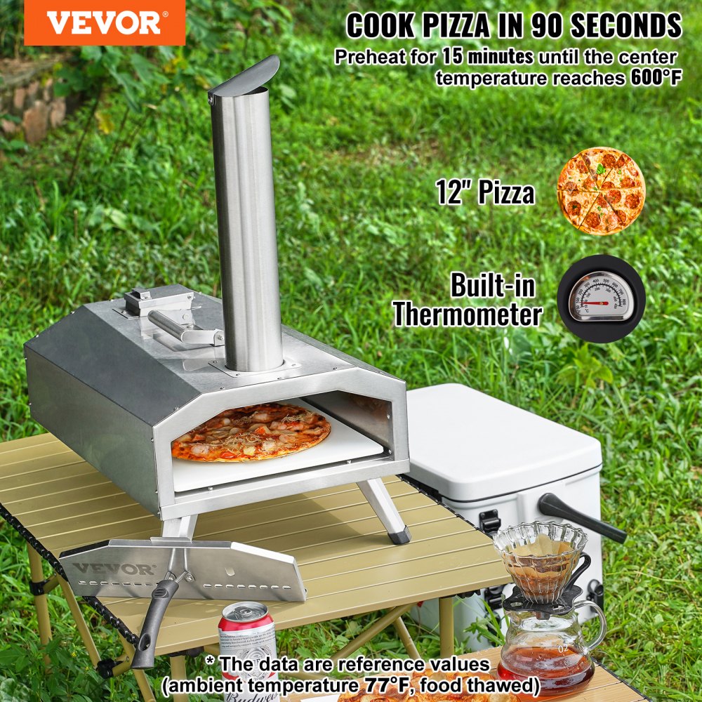 VEVOR Portable Outdoor Oven, 12-inch Pizza Oven, Pellet & Chips & Charcoal Tri-Fuel, Stainless Steel Pizza Grill, Includes Pizza Stone, Waterproof Cover, Shovel, Ideal for Camping & Backyard, Silver