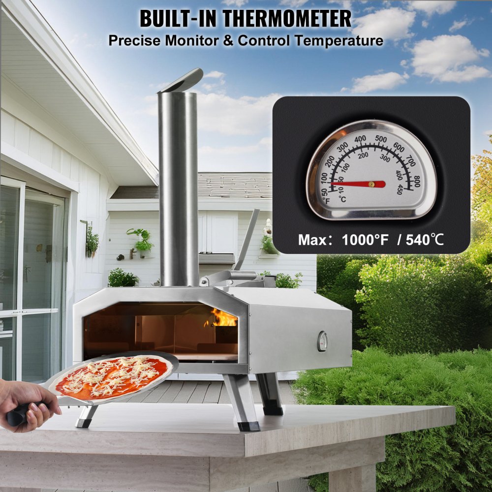 VEVOR Portable Outdoor Oven, 12-inch Pizza Oven, Pellet & Chips & Charcoal Tri-Fuel, Stainless Steel Pizza Grill, Includes Pizza Stone, Waterproof Cover, Shovel, Ideal for Camping & Backyard, Silver