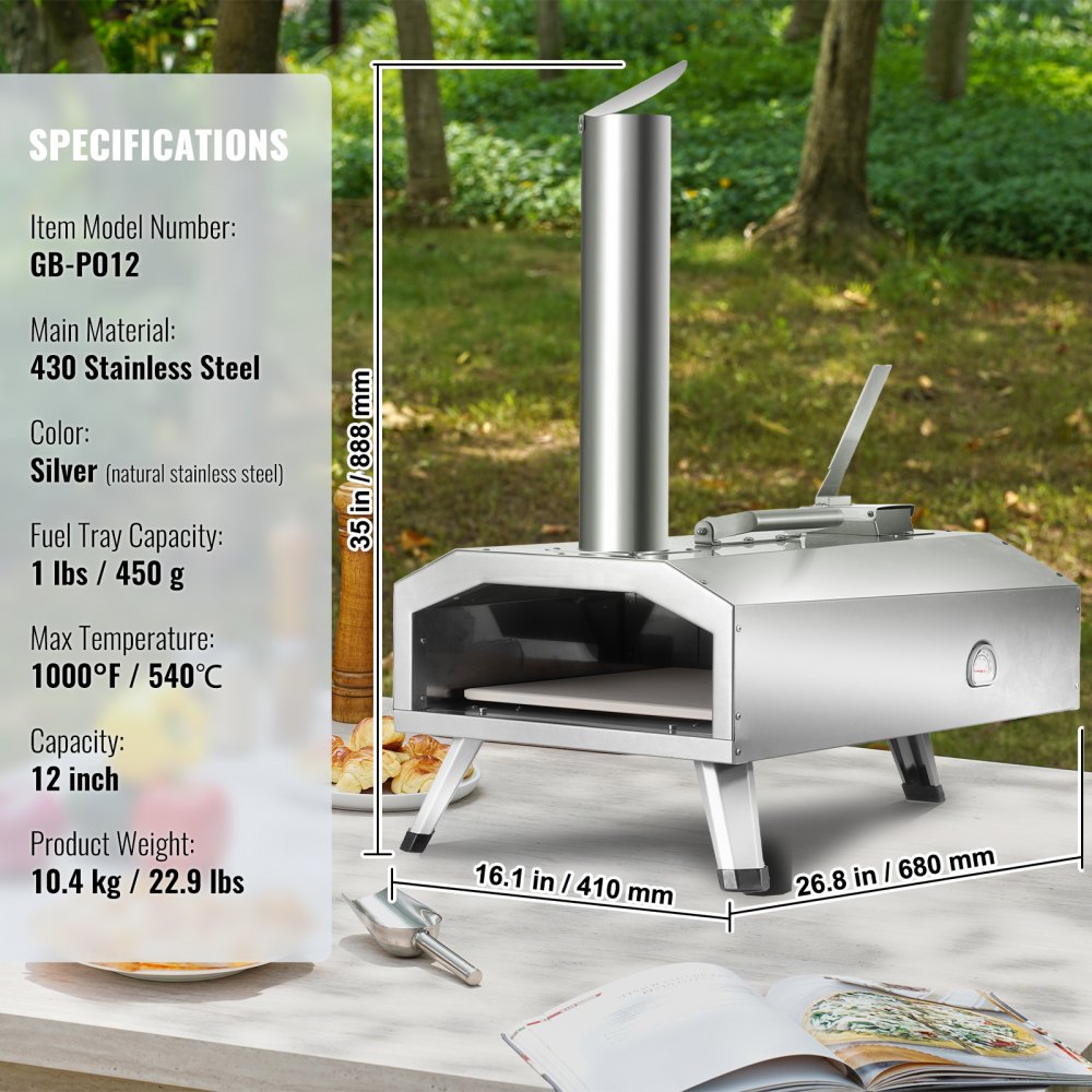 VEVOR Portable Outdoor Oven, 12-inch Pizza Oven, Pellet & Chips & Charcoal Tri-Fuel, Stainless Steel Pizza Grill, Includes Pizza Stone, Waterproof Cover, Shovel, Ideal for Camping & Backyard, Silver