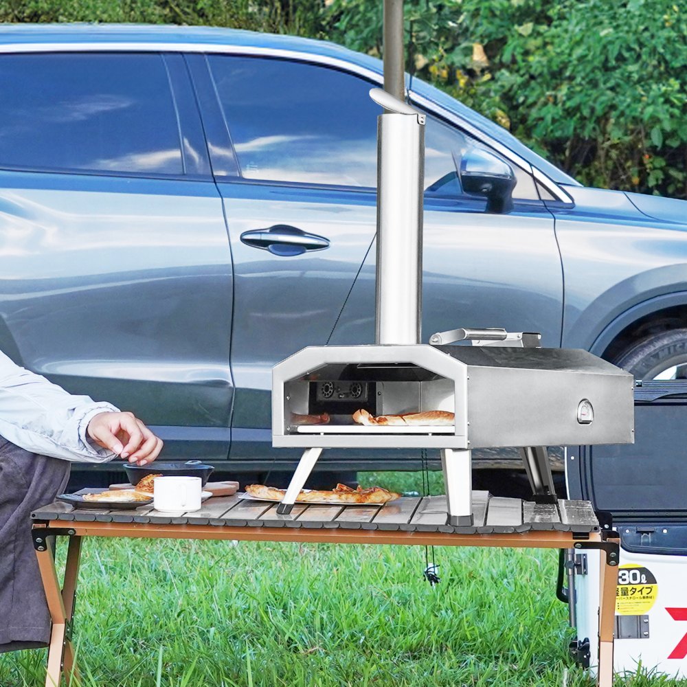 VEVOR Portable Outdoor Oven, 12-inch Pizza Oven, Pellet & Chips & Charcoal Tri-Fuel, Stainless Steel Pizza Grill, Includes Pizza Stone, Waterproof Cover, Shovel, Ideal for Camping & Backyard, Silver
