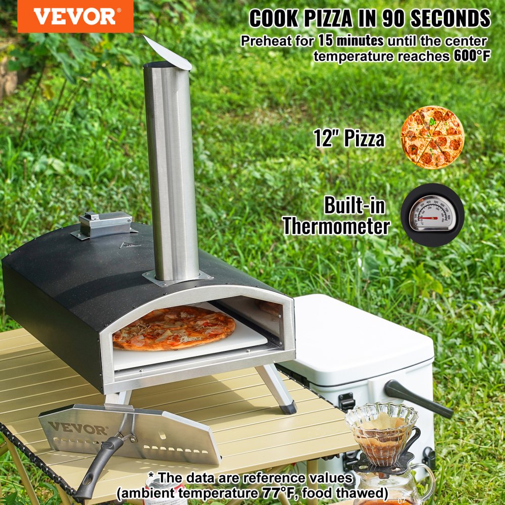 VEVOR Portable Outdoor Oven, 12-inch Pizza Oven, Pellet & Chips & Charcoal Tri-Fuel, Iron Spray Pizza Grill, Includes Pizza Stone, Waterproof Cover, Shovel, Ideal for Camping & Backyard, Black
