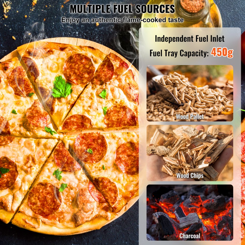 VEVOR Portable Outdoor Oven, 12-inch Pizza Oven, Pellet & Chips & Charcoal Tri-Fuel, Iron Spray Pizza Grill, Includes Pizza Stone, Waterproof Cover, Shovel, Ideal for Camping & Backyard, Black