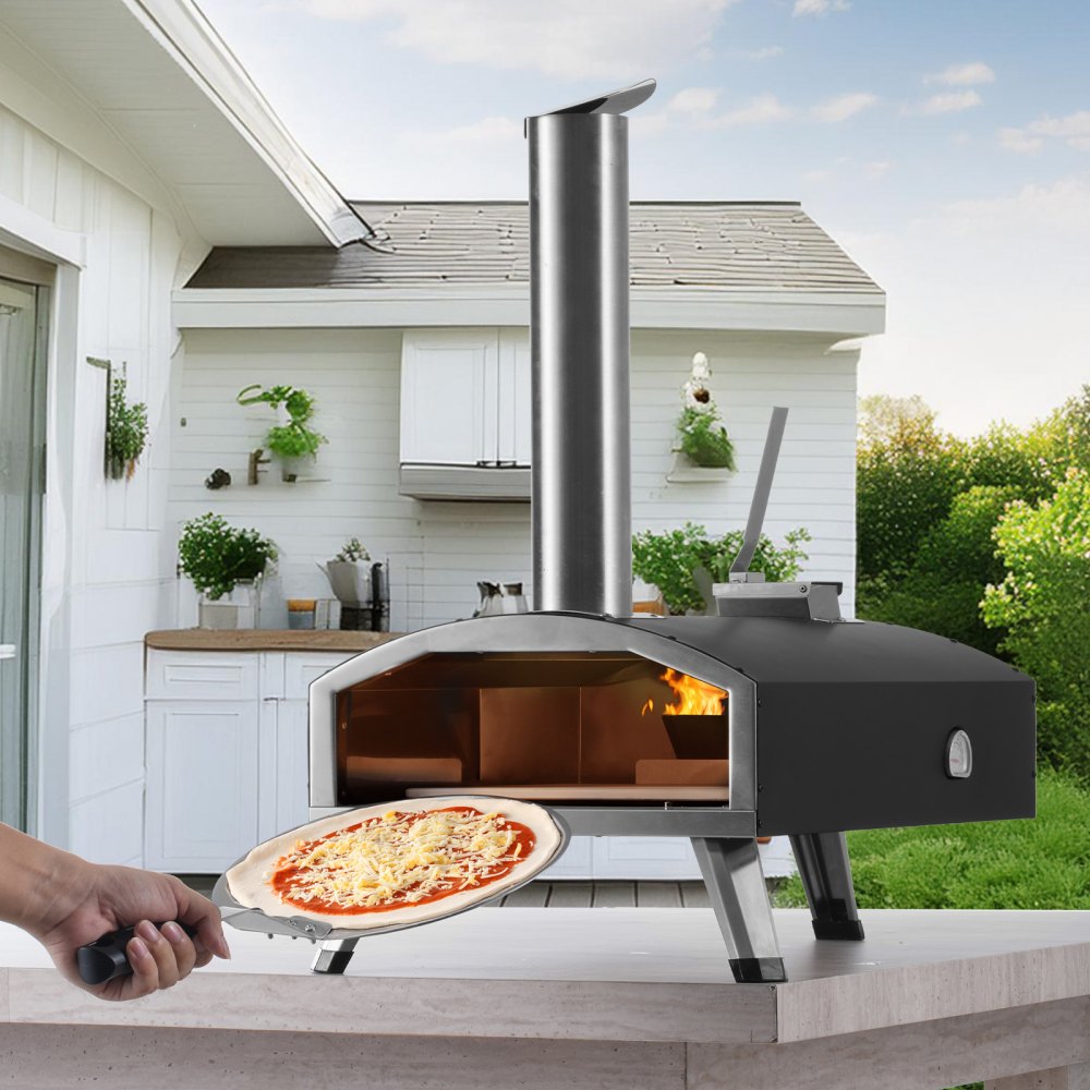VEVOR Portable Outdoor Oven, 12-inch Pizza Oven, Pellet & Chips & Charcoal Tri-Fuel, Iron Spray Pizza Grill, Includes Pizza Stone, Waterproof Cover, Shovel, Ideal for Camping & Backyard, Black