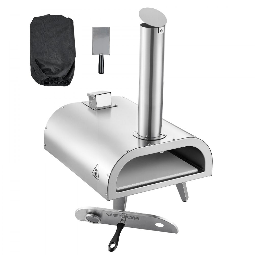 VEVOR Pizza Oven Outdoor, 12" Pellet Pizza Oven, Portable Pizza-Stove with Built-in Thermometer, Wood Fired Stainless Steel Pizza-Maker, for Backyard, Camping, Pizza-Stone, Shovel, Carry Bag, Silver