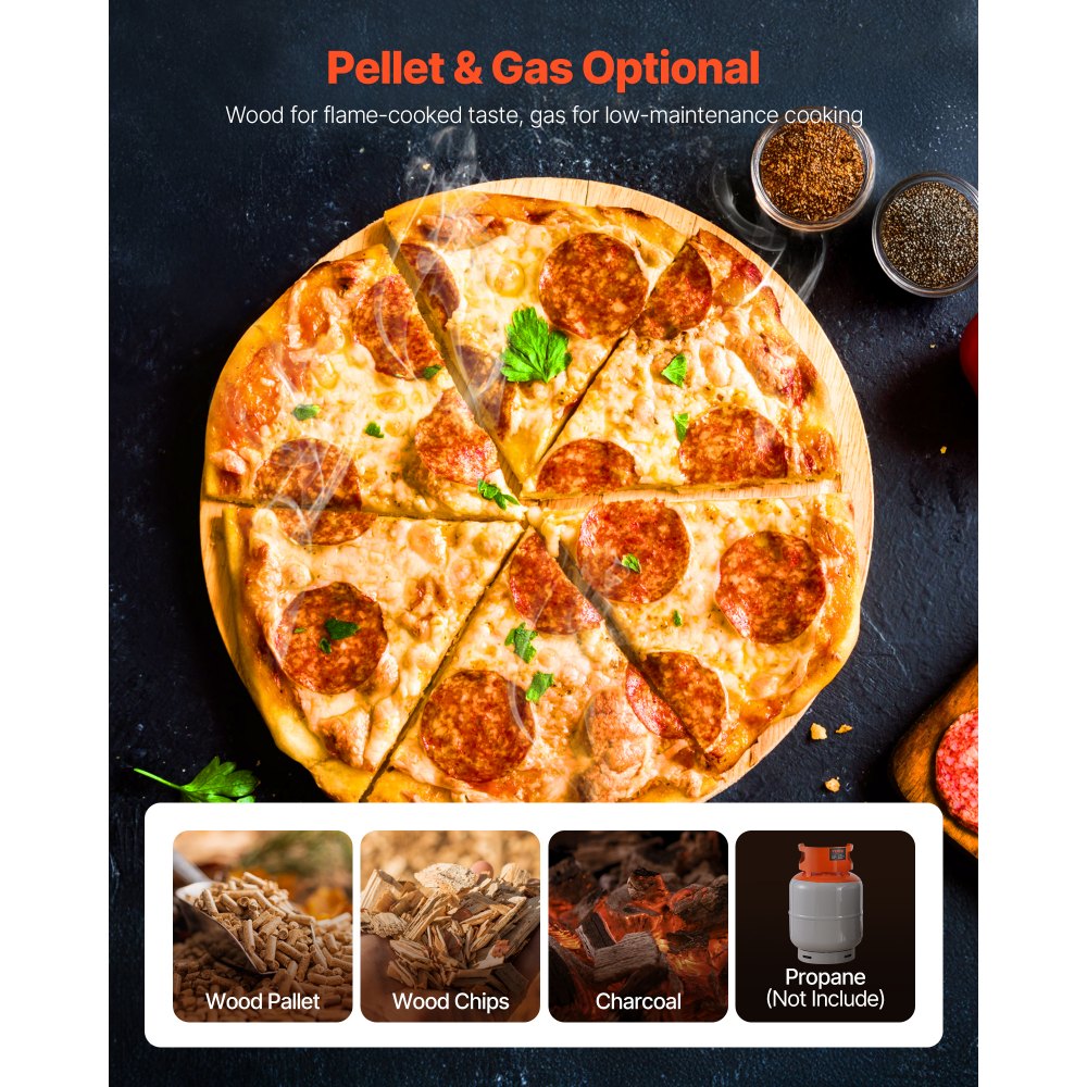 VEVOR Dual Fuel Pizza Oven Outdoor, 12 in Wood Fire & Propane Gas Pizza Oven, Pellet & Propane Pizza-Maker with Thermometer, Iron Spray Electric Rotation Pizza-Cook for Outside Camping & Backyard