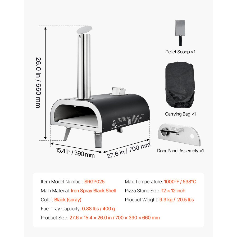 VEVOR Outdoor Pizza Oven, 12 Inch Wood Fired Pizza Ovens, Pellet Pizza-Stove with Thermometer, Portable Pizza-Maker for Outside Backyard Patio Camping, Pizza-Stone, Carry Bag, Shovel, Black