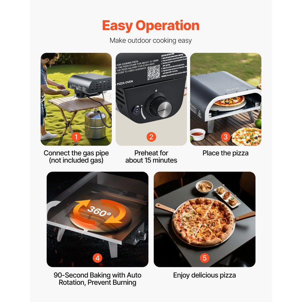 VEVOR Outdoor Pizza Oven, 12 in Propane Gas Pizza Maker, Portable Pizza-Cooker with Electric Rotation, Thickened Pizza-Stone, Carry Bag, Propane Pizza-Oven for Outside Backyard Patio Camping, Black