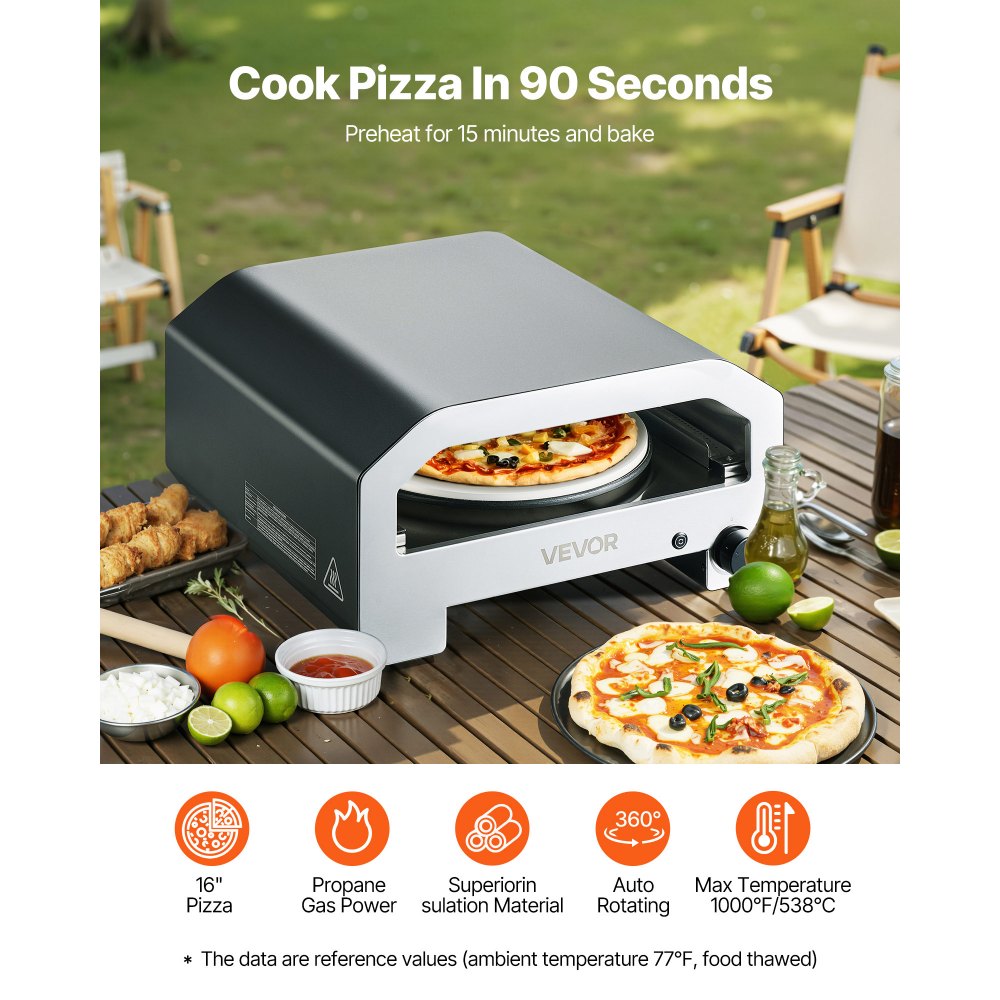 VEVOR Outdoor Pizza Oven, 16 in Propane Gas Pizza Maker, Portable Pizza-Cooker with Electric Rotation, Thickened Pizza-Stone, Carry Bag, Propane Pizza-Oven for Outside Backyard Patio Camping, Black