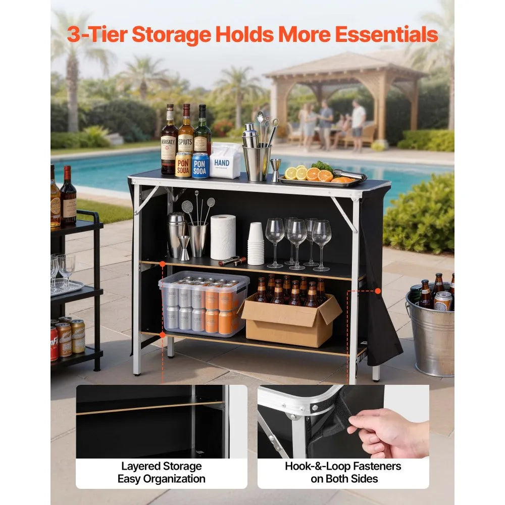 VEVOR Folding Portable Bar Table, 43.3 x 15.2 x 34.8 in, with Carry Bag, 2 Storage Shelves, and Detachable Skirt, Quick and Easy Setup, Foldable Mobile Bartending Station for Events, Party, Tradeshow