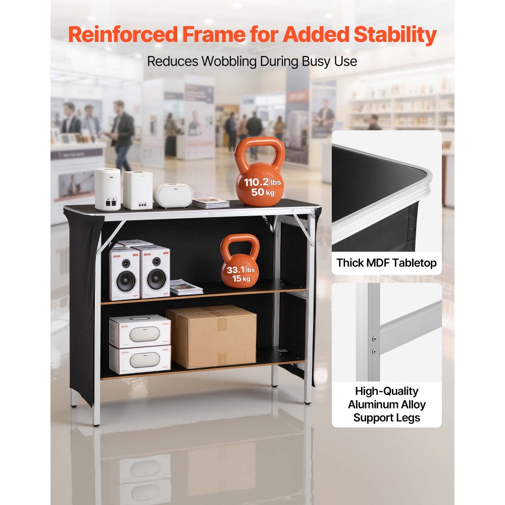 VEVOR Folding Portable Bar Table, 43.3 x 15.2 x 34.8 in, with Carry Bag, 2 Storage Shelves, and Detachable Skirt, Quick and Easy Setup, Foldable Mobile Bartending Station for Events, Party, Tradeshow