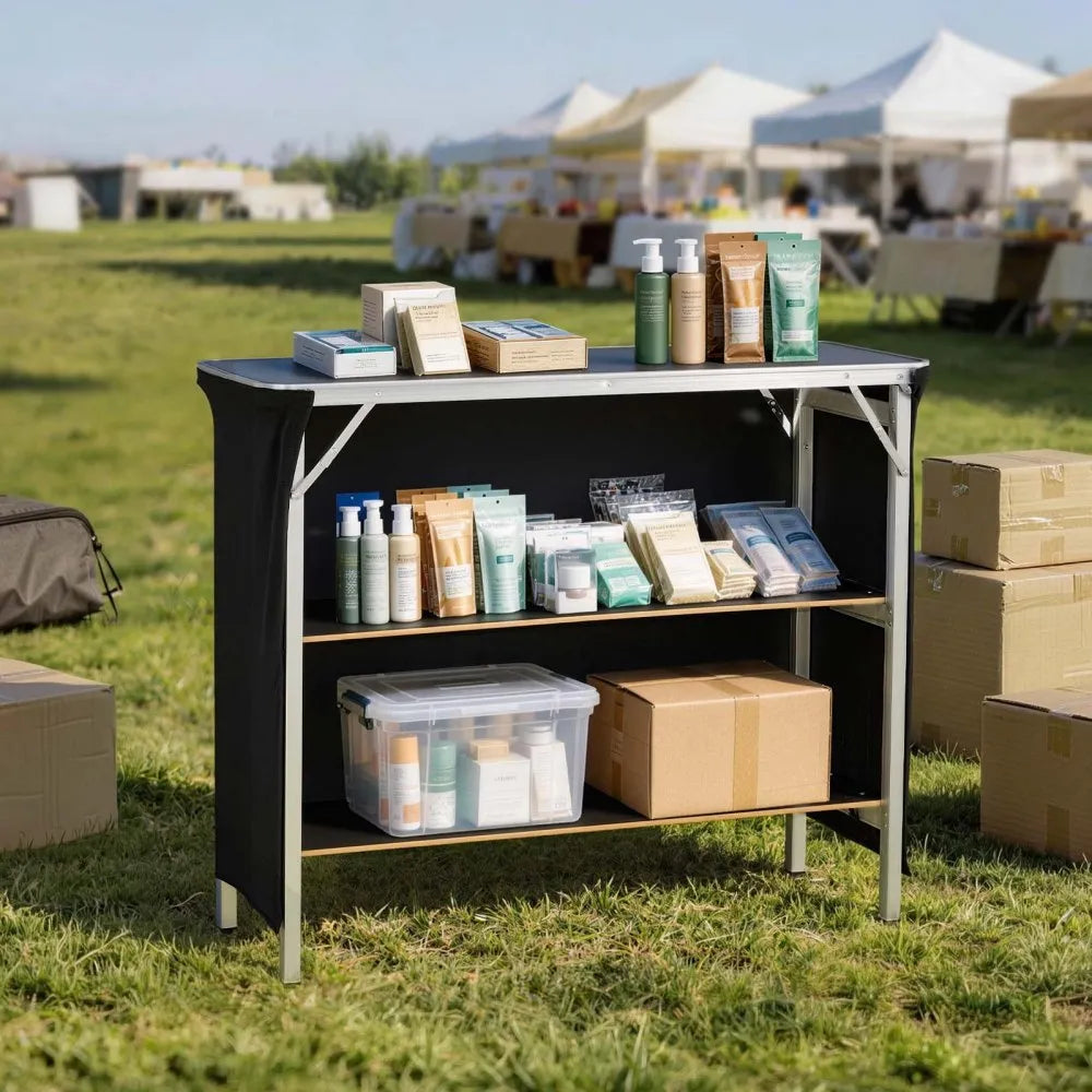 VEVOR Folding Portable Bar Table, 43.3 x 15.2 x 34.8 in, with Carry Bag, 2 Storage Shelves, and Detachable Skirt, Quick and Easy Setup, Foldable Mobile Bartending Station for Events, Party, Tradeshow