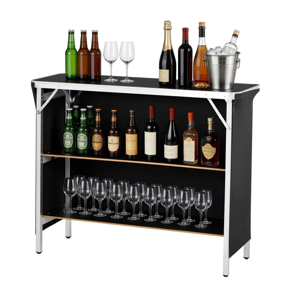 VEVOR Folding Portable Bar Table, 43.3 x 15.2 x 34.8 in, with Carry Bag, 2 Storage Shelves, and Detachable Skirt, Quick and Easy Setup, Foldable Mobile Bartending Station for Events, Party, Tradeshow